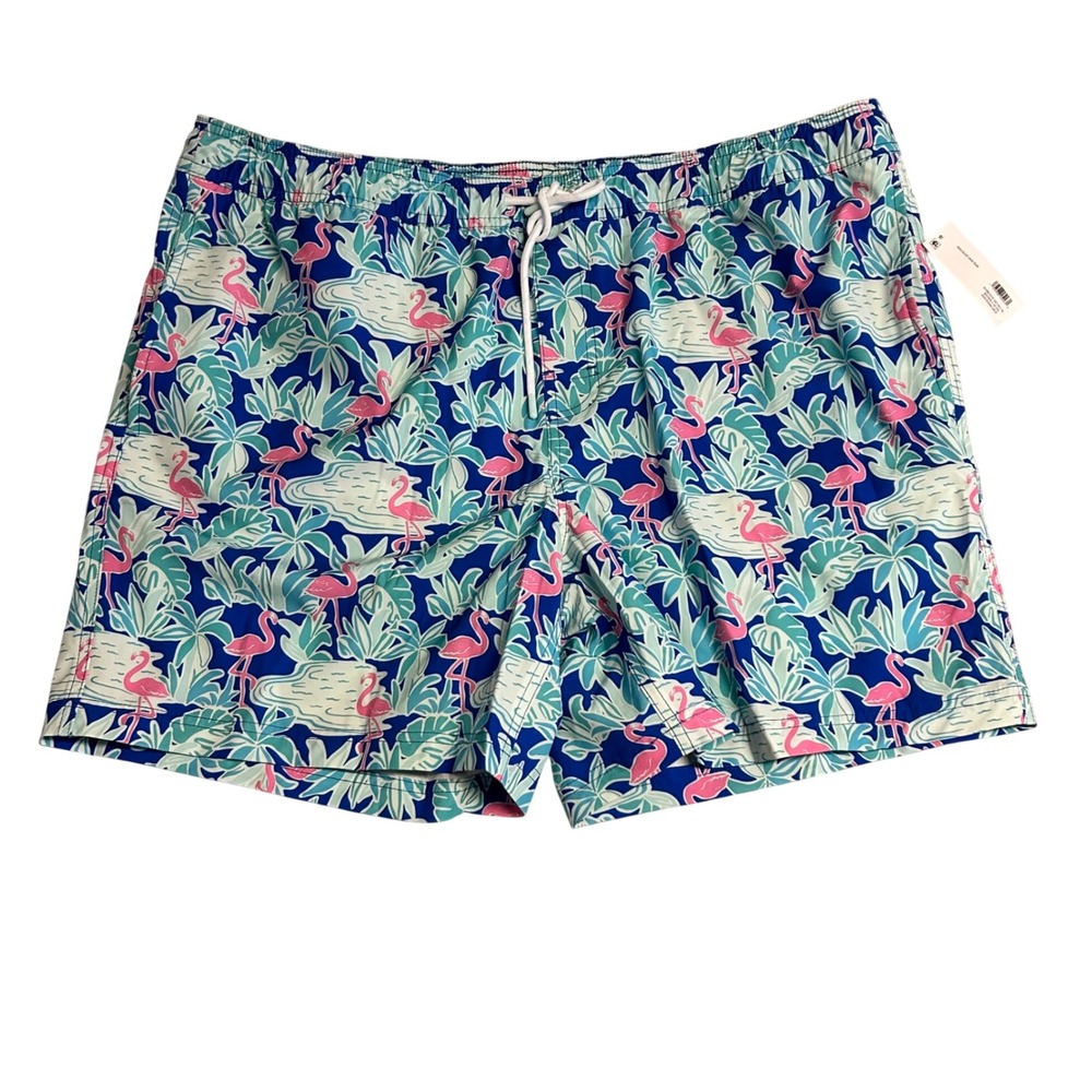 NWT Mens Swim Trunk XXL Blue Flamingo Tropical UPF 50 Board Shorts Resort Cruise